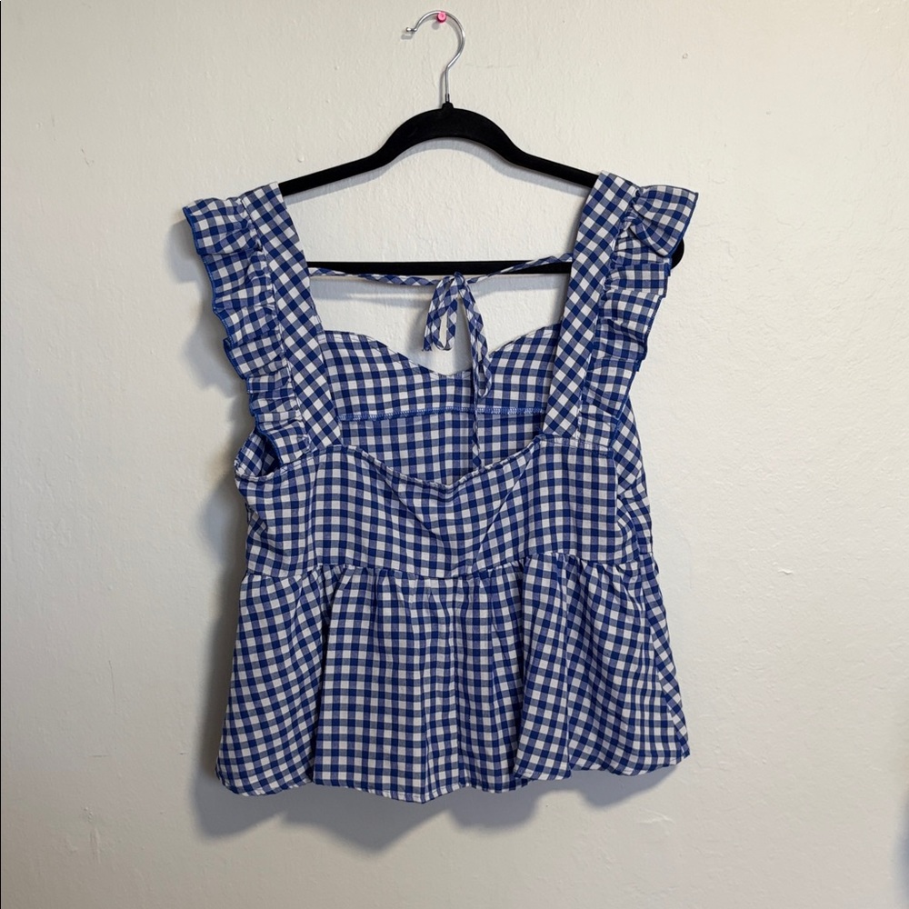 SHEIN Blue Checkered Ruffle Blouse - Picture 2 of 4
